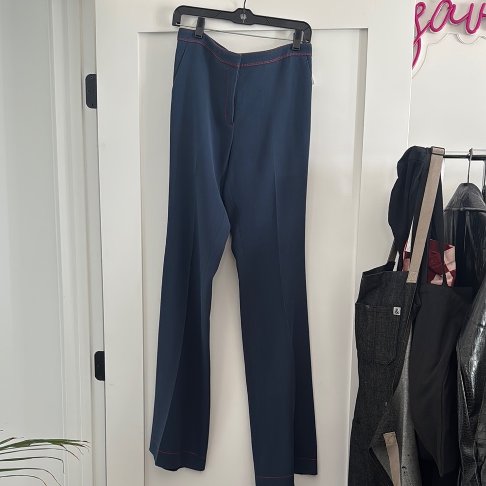 Burberry Stylish Blue Bell Bottom Trousers with Red Stitching